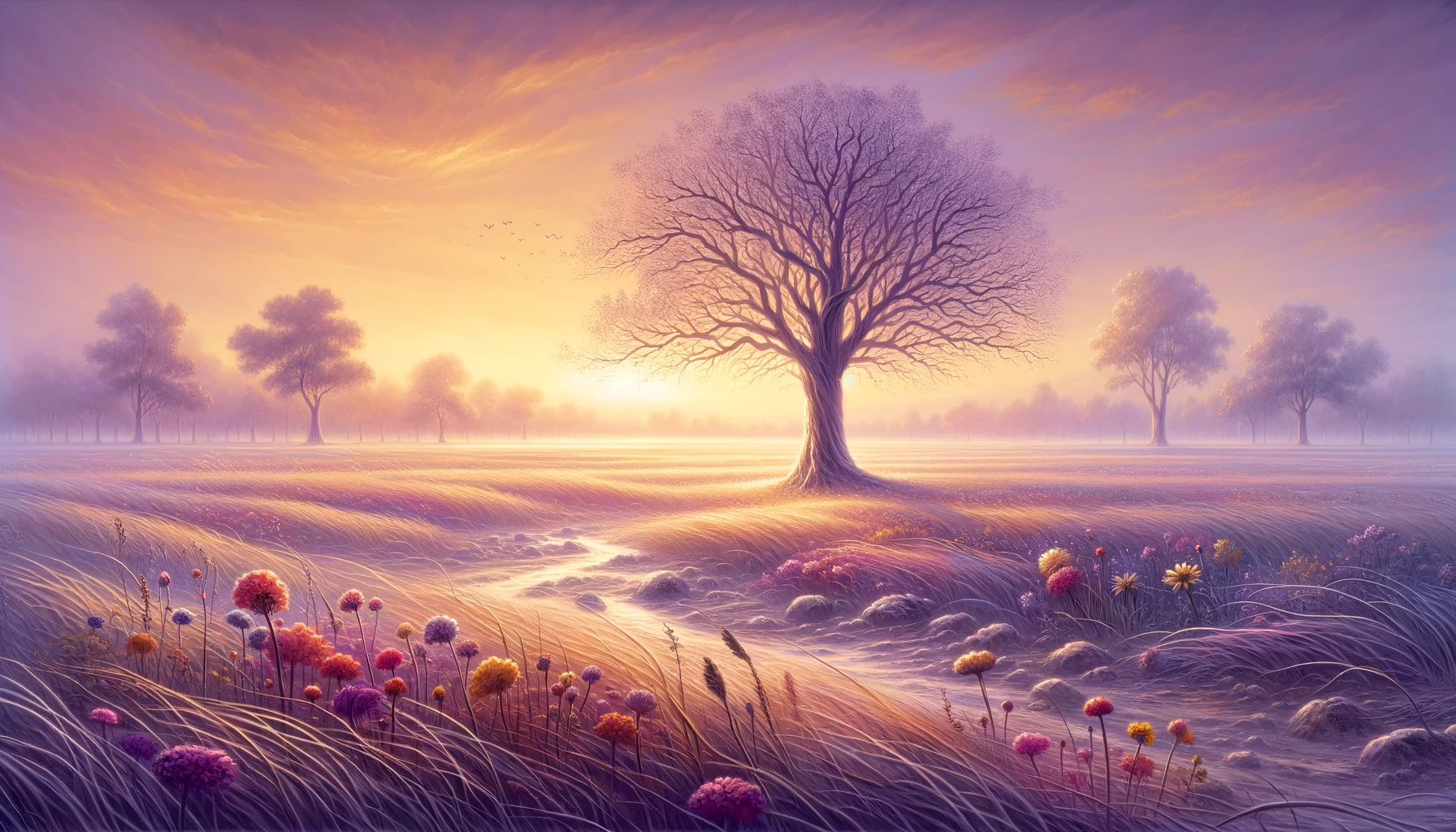 Artistic depiction of a serene landscape with a lone tree and colorful flowers