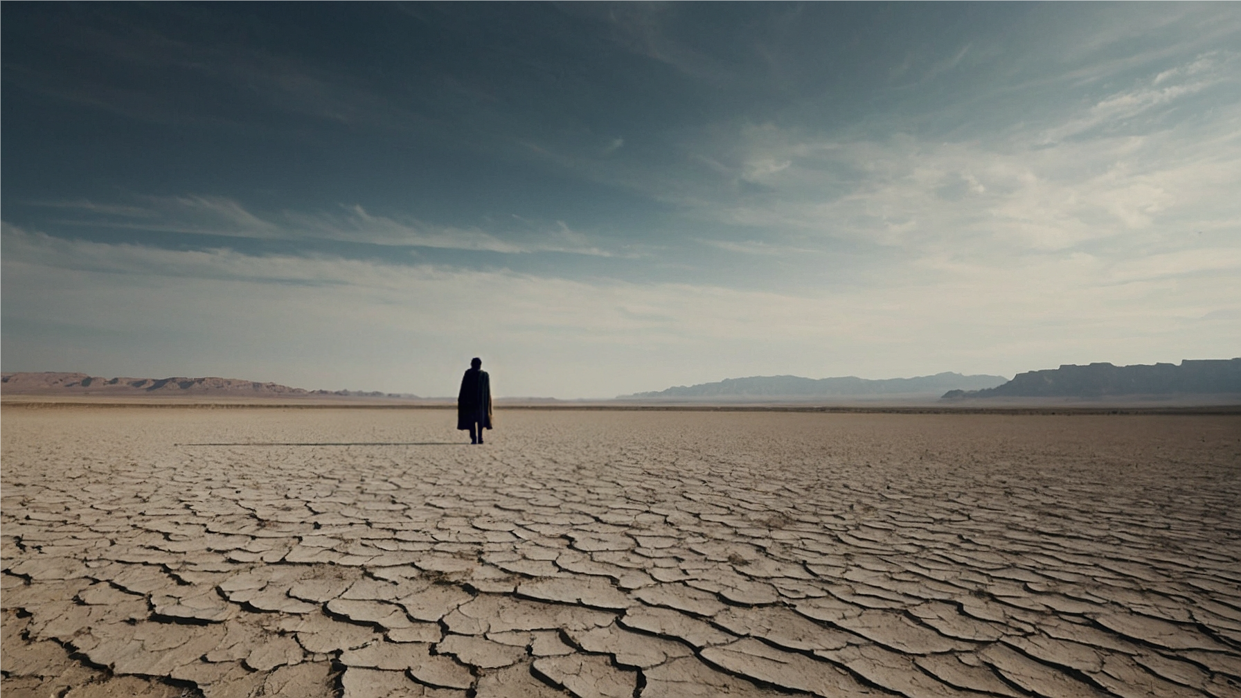 A solitary figure stands in a vast, barren landscape with cracked earth underfoot and mountains in the far distance, symbolizing resilience amidst desolation.